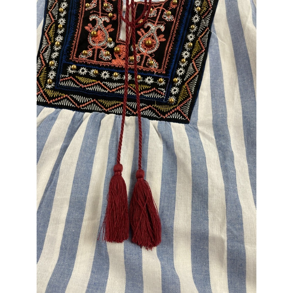 Emery Rose Dress Women's Size M Blue White Striped Midi Bohemian Tassel Necktie - Picture 4 of 9